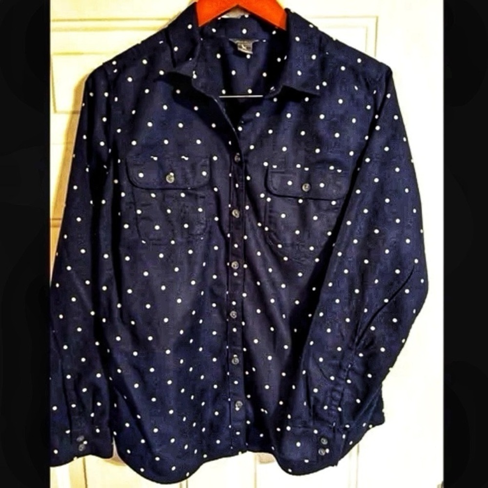 Eddie Bauer Plus Size Polka Dots Shirt Navy Blue Ling Sleeves Size 2XL